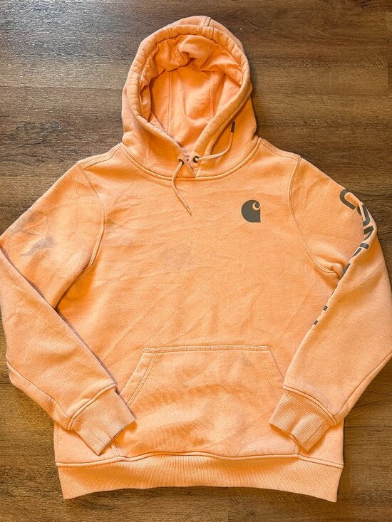 Carhartt Hoodie Sweatshirt Mens Large Orange Peach Distressed Long Sleeve - Picture 1 of 10